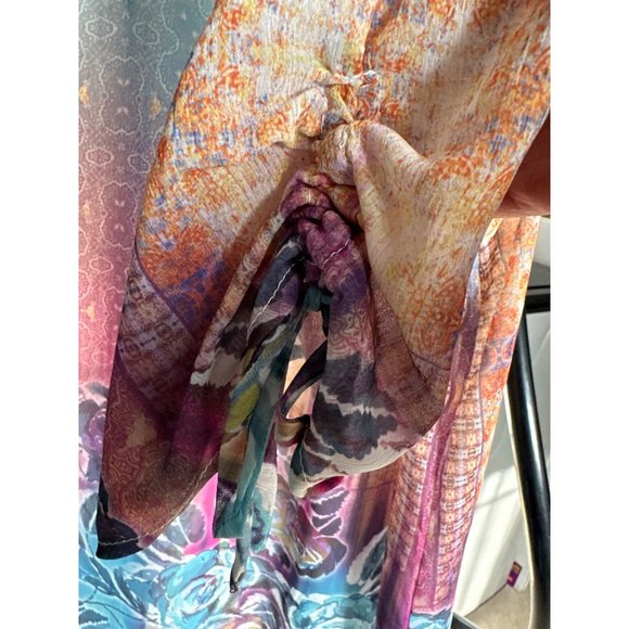 Unity Woman sz 2X multi print purple ruched sleeve split v neck lined Boho top - Picture 3 of 10